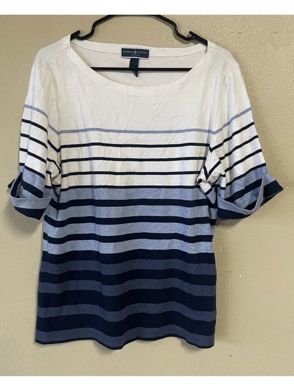 plus size shirts for women Blue White Striped 1x Short Cuffed Sleeve Karen Scott